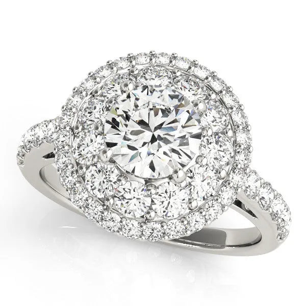 White gold Double Halo Round Diamond Pave Split Shank Prong Setting Ring