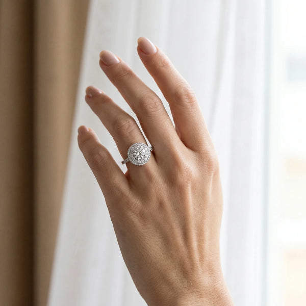 White gold Double Halo Round Diamond Pave Split Shank Prong Setting Ring