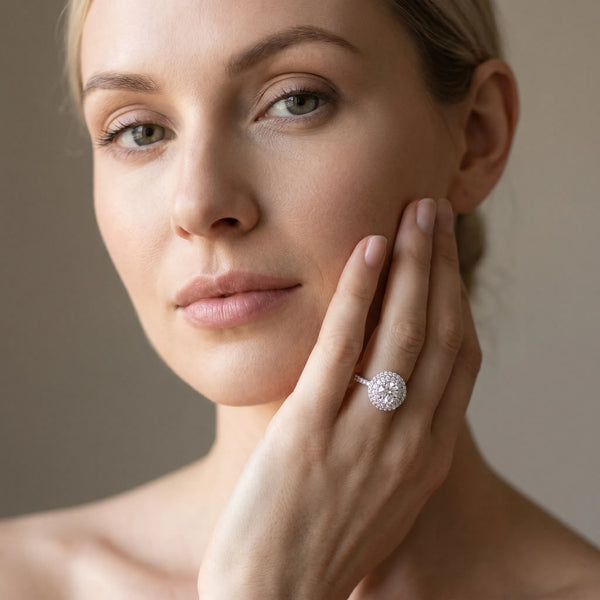 White gold Double Halo Round Diamond Pave Split Shank Prong Setting Ring