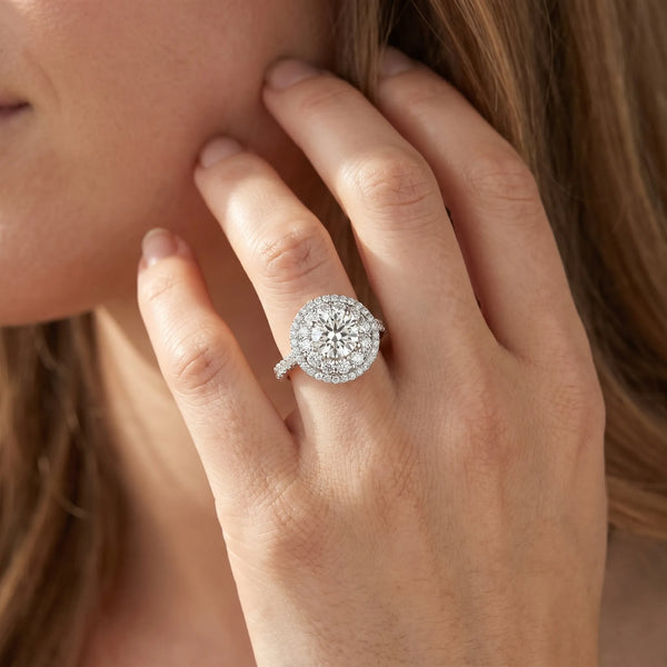 White gold Double Halo Round Diamond Pave Split Shank Prong Setting Ring