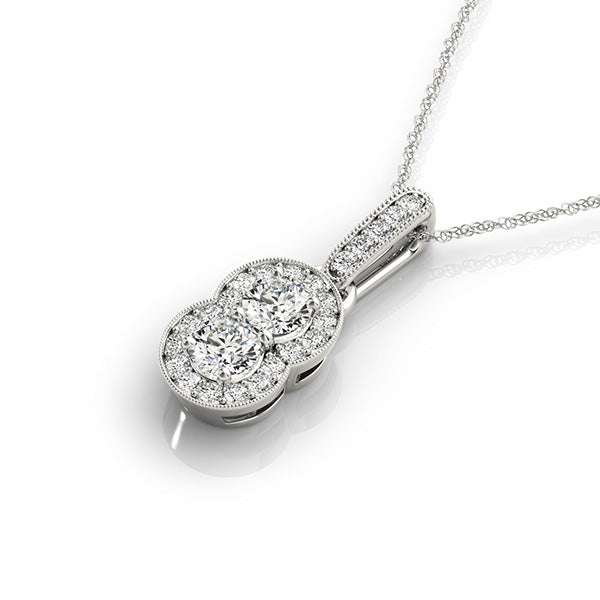 Silver Double Halo Round Diamond Pendant with Pavé Setting