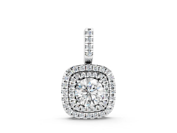 Silver Double Halo Round Diamond Pendant with Pavé Setting and Prong Setting