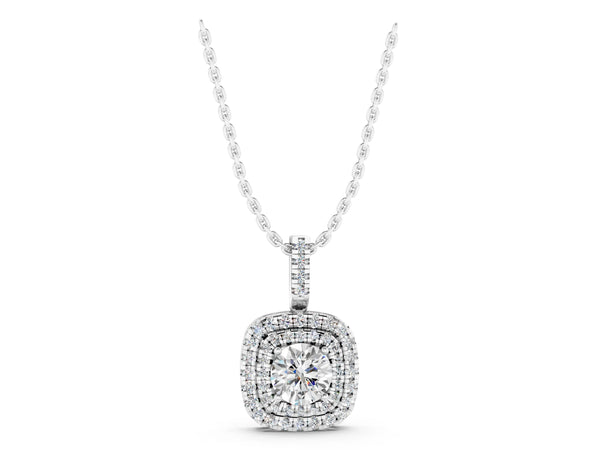 White gold Double Halo Round Diamond Pendant with Pavé Setting and Prong Setting