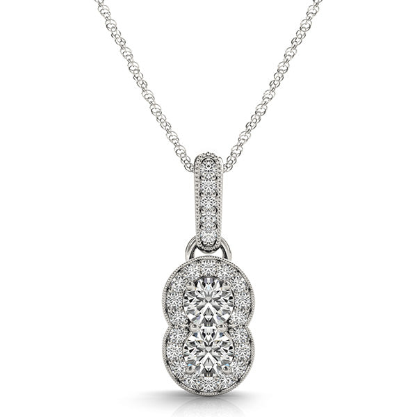 Silver Double Halo Round Diamond Pendant with Pavé Setting