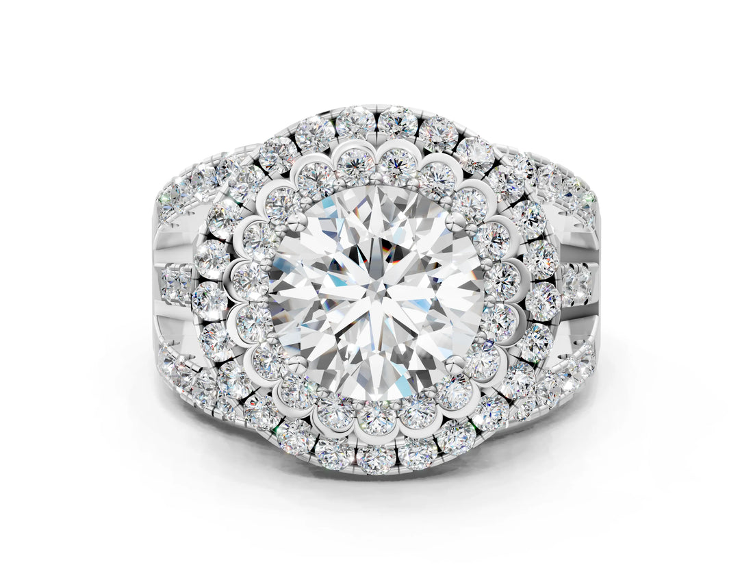 White gold Double Halo Round Diamond Split Shank Pave Set Ring_21