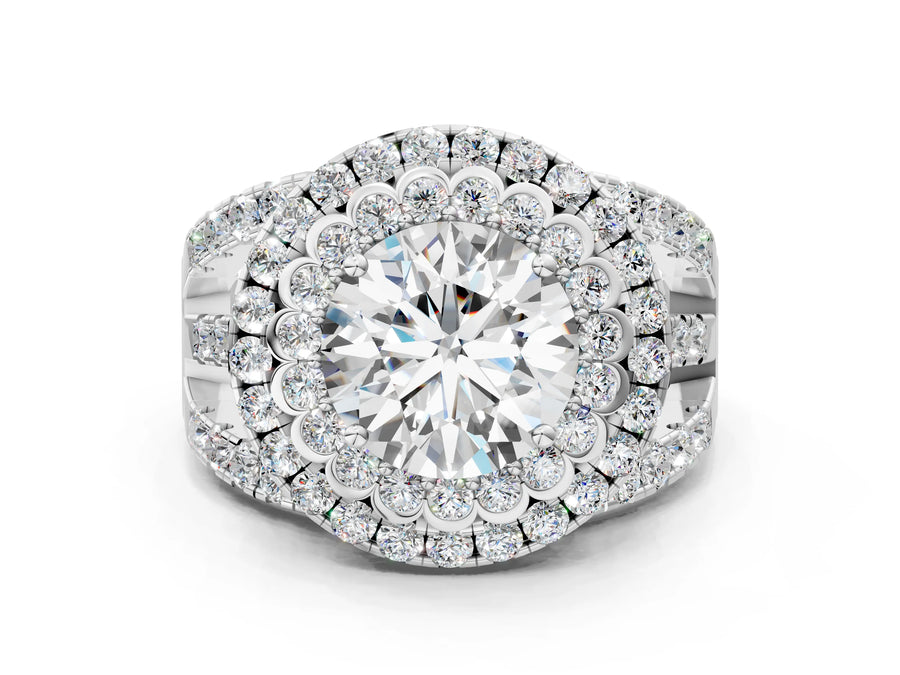 White gold Double Halo Round Diamond Split Shank Pave Set Ring