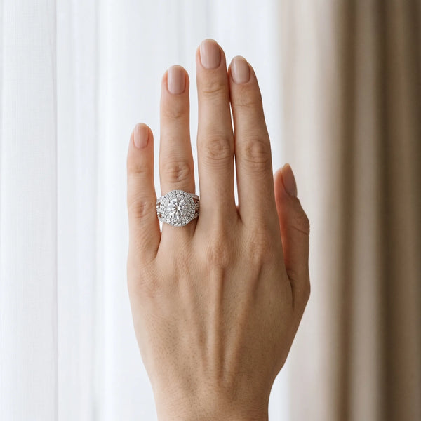 White gold Double Halo Round Diamond Split Shank Pave Set Ring