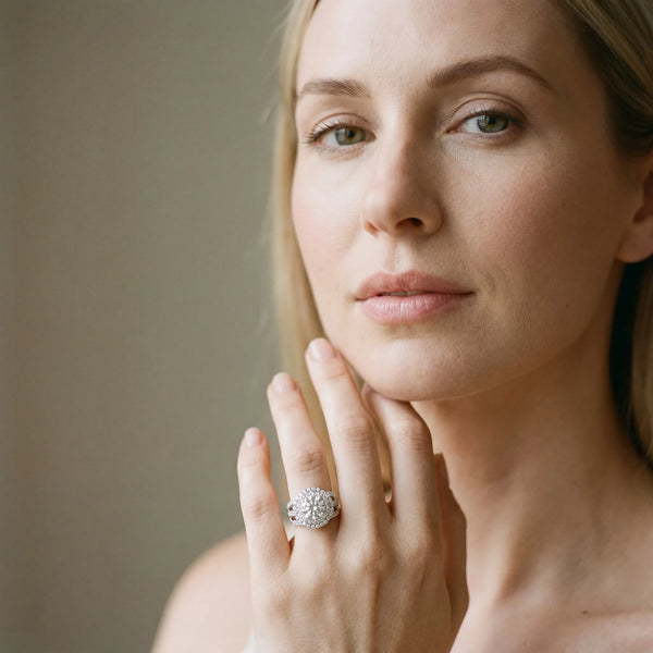White gold Double Halo Round Diamond Split Shank Pave Set Ring