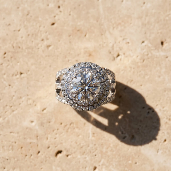 White gold Double Halo Round Diamond Split Shank Pave Set Ring