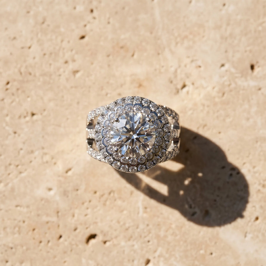 White gold Double Halo Round Diamond Split Shank Pave Set Ring