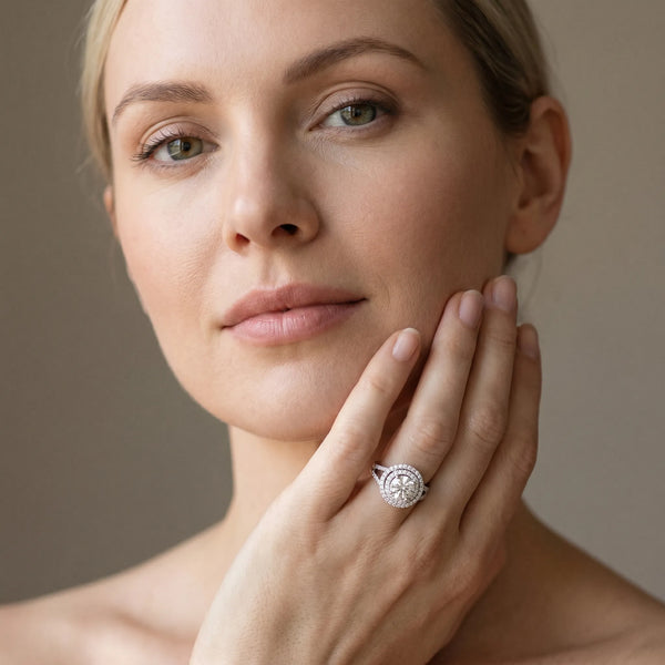 White gold Double Halo Round Diamond Split Shank Prong Setting Ring