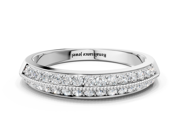 Platinum Double Row Pavé Round Diamond White Gold Band with Shared Prong Setting