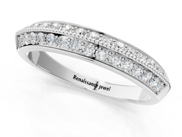 Platinum Double Row Pavé Round Diamond White Gold Band with Shared Prong Setting