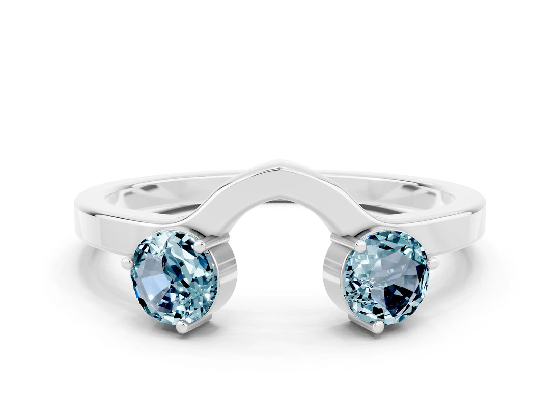 White gold Dual Round Aquamarine Open Band Ring with Prong Setting_6