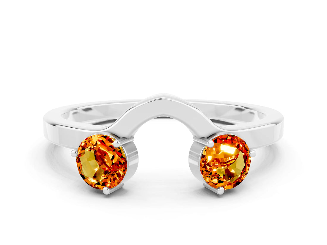 White gold Dual Round Citrine Open Band Ring with Prong Setting_6