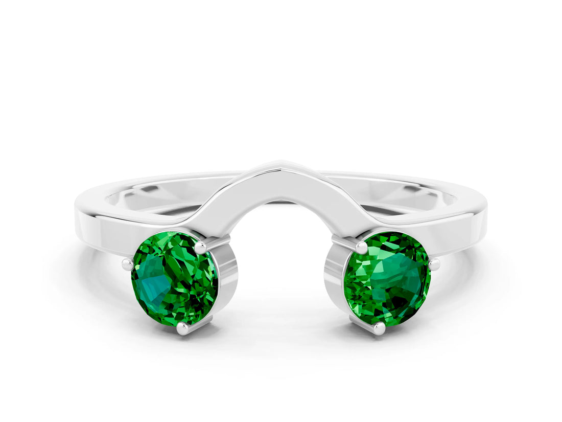 White gold Dual Round Emerald Open Band Ring with Prong Setting_6