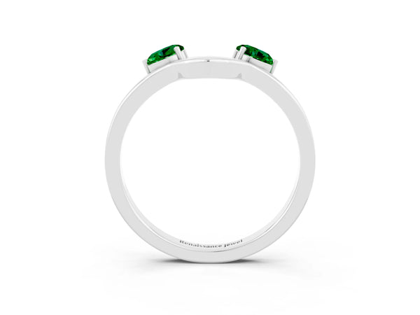 White Gold Princess Cut Lab-Grown Emerald Two Stone Open U Curved Wedding Band