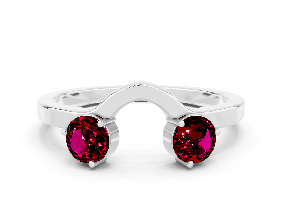 White gold Dual Round Garnet Open Band Ring with Prong Setting_6