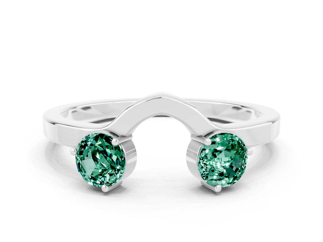 White gold Dual Round Green Sapphire Open Band Ring with Prong Setting_6