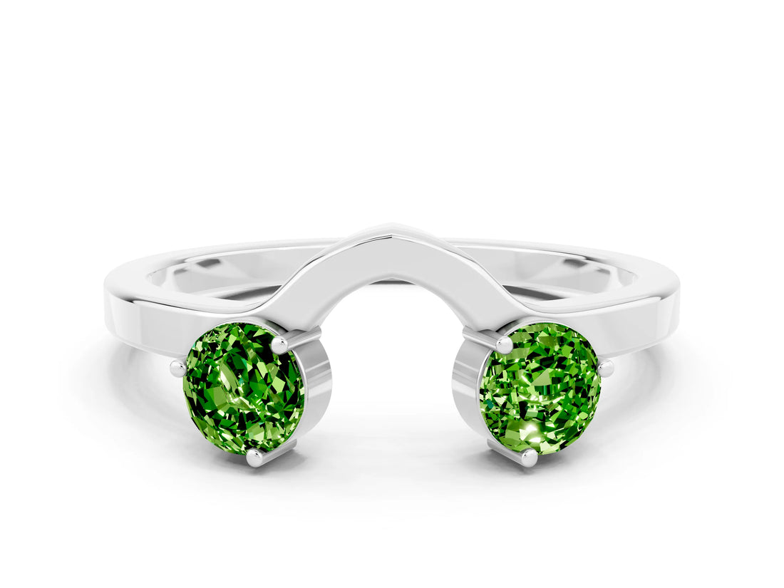 White gold Dual Round Peridot Open Band Ring with Prong Setting_6