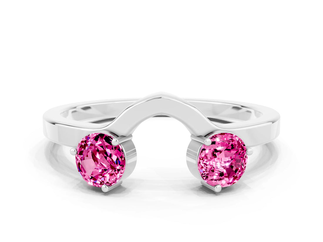 White gold Dual Round Pink Sapphire Open Band Ring with Prong Setting_18