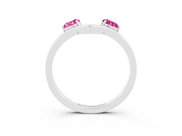 White Gold Princess Cut Lab-Grown Pink Sapphire Two Stone Open U Curved Wedding Band