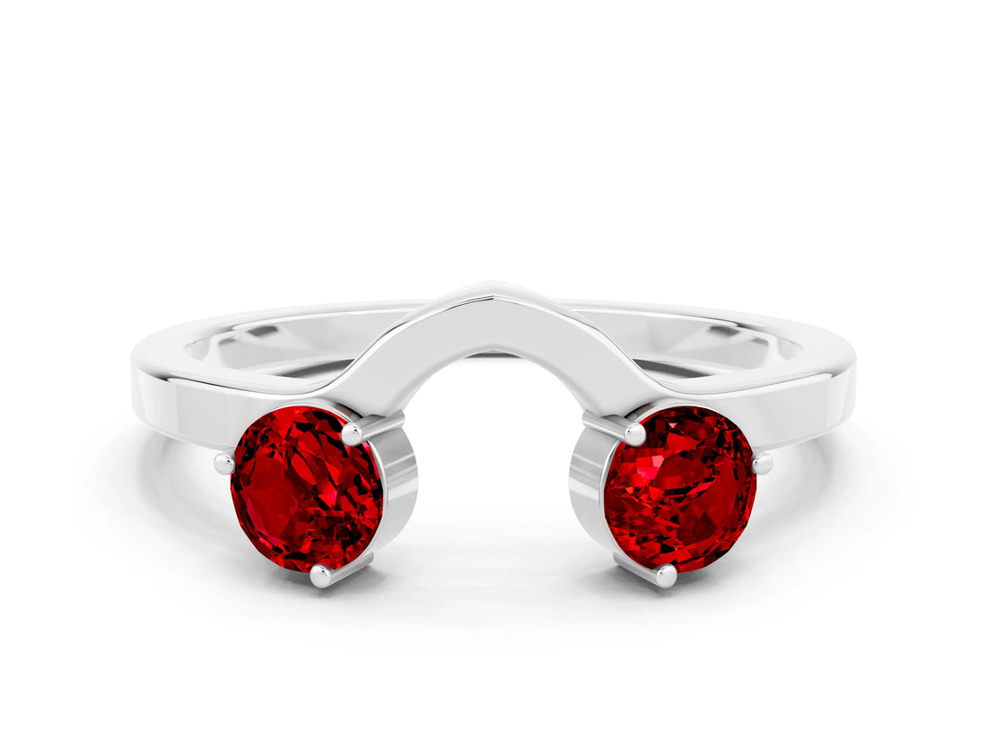 White gold Dual Round Ruby Open Band Ring with Prong Setting_6