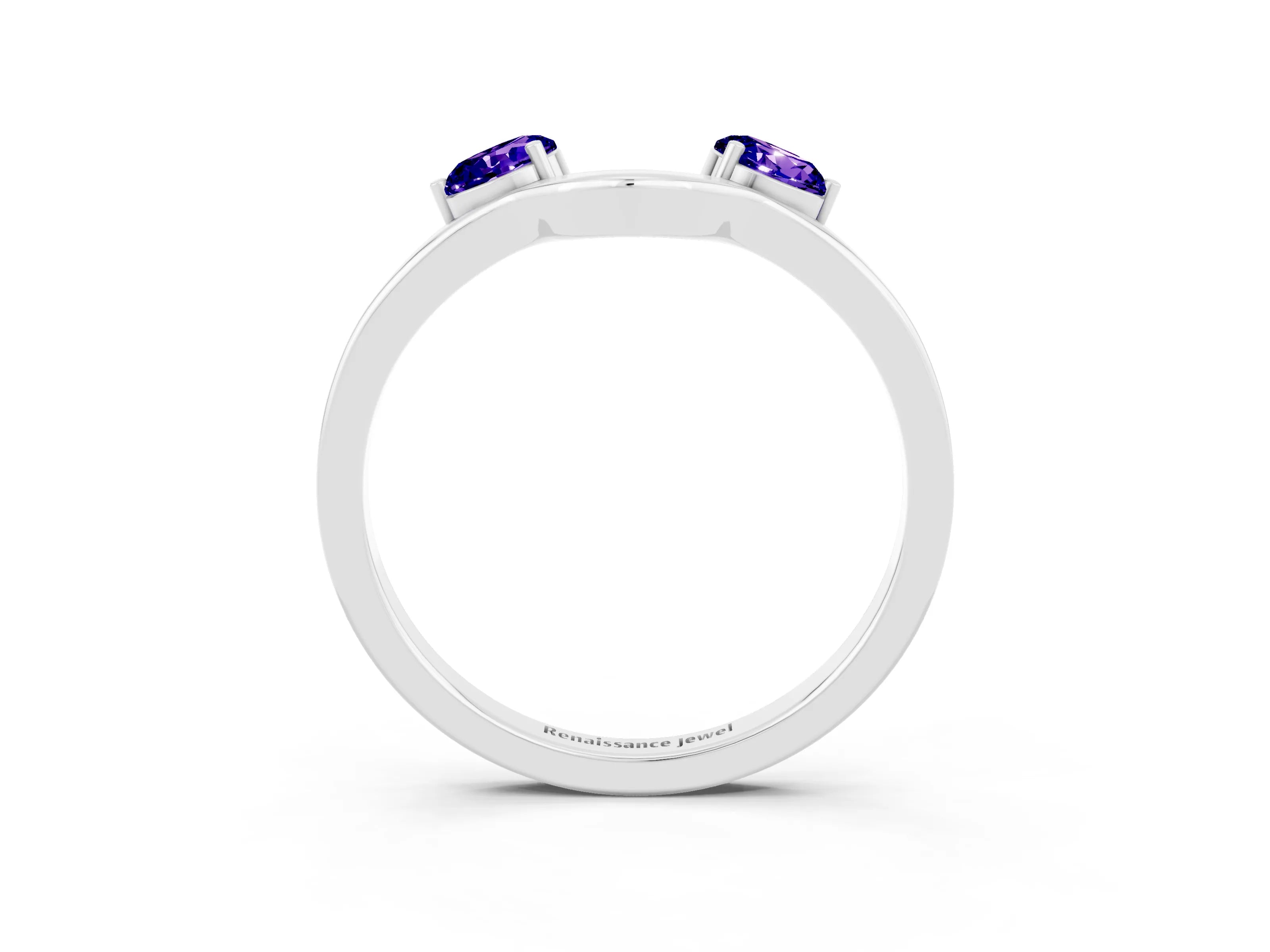 White gold Dual Round Tanzanite Open Band Ring with Prong Setting_9