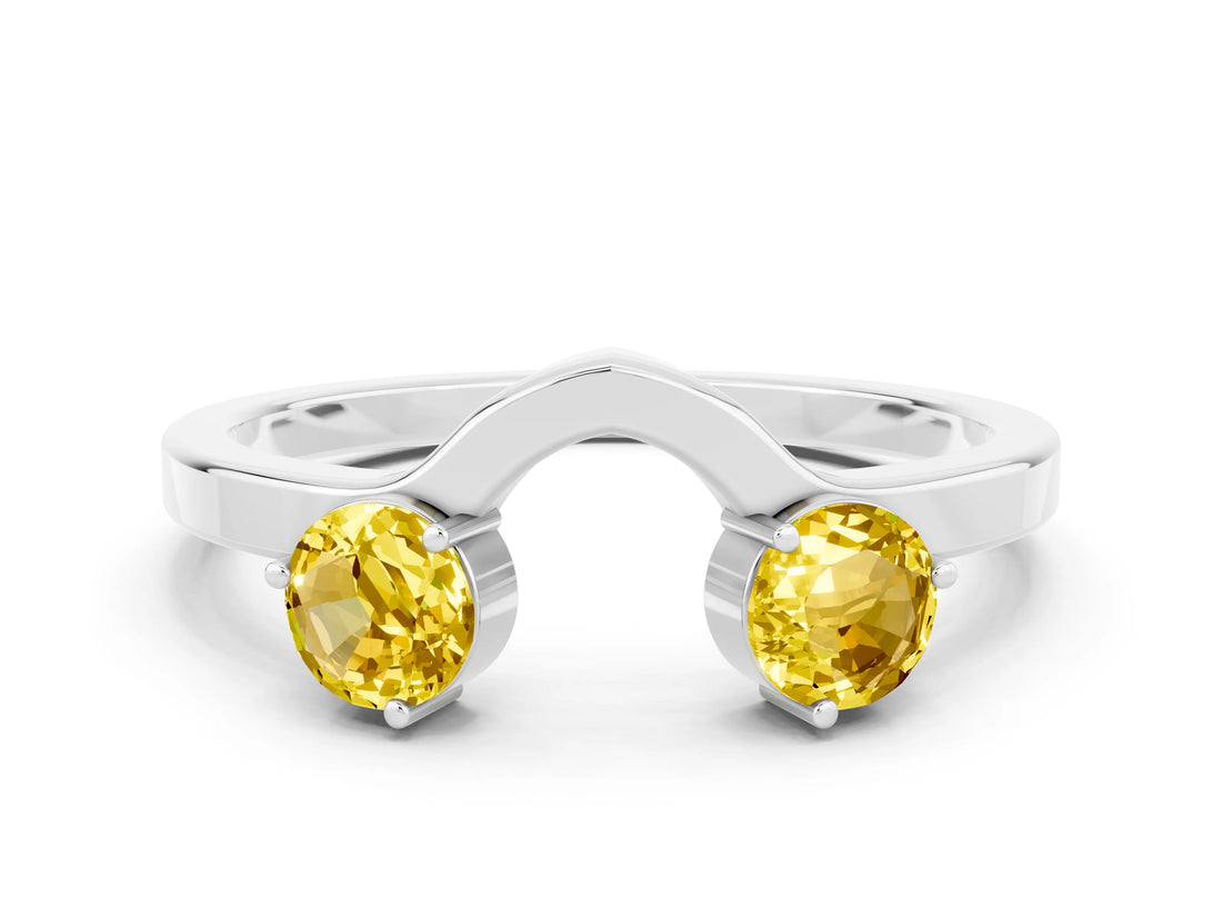 White gold Dual Round Yellow Sapphire Open Band Ring with Prong Setting_18