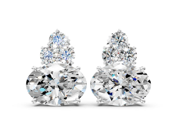 Platinum East-West Oval Diamond Cluster Stud Earrings with Round Diamond Accents