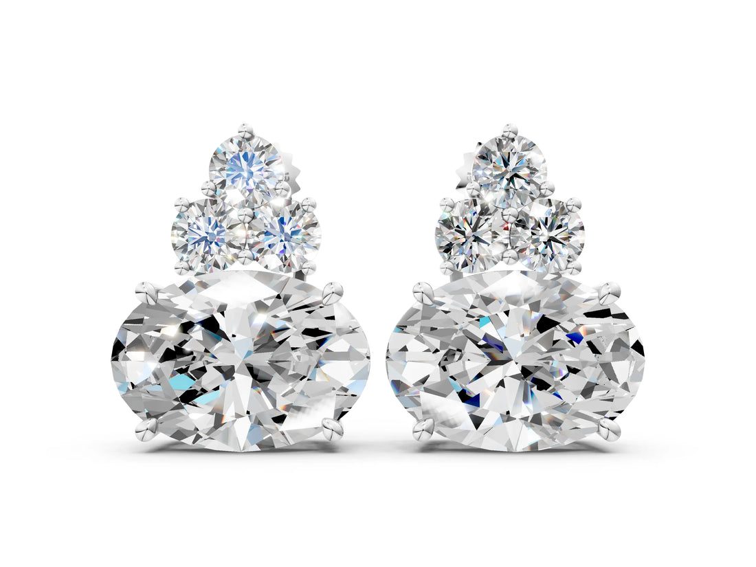 White gold East-West Oval Diamond Cluster Stud Earrings with Round Diamond Accents_4