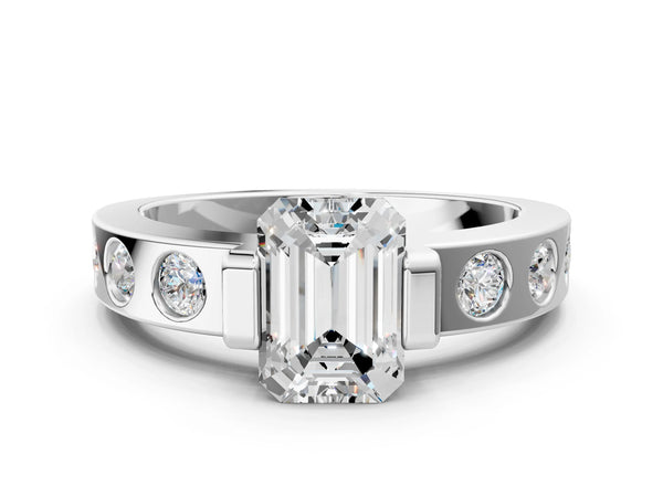 Platinum Emerald Cut Tension Style Engagement Ring Setting with Wide Flush Set Accent Band