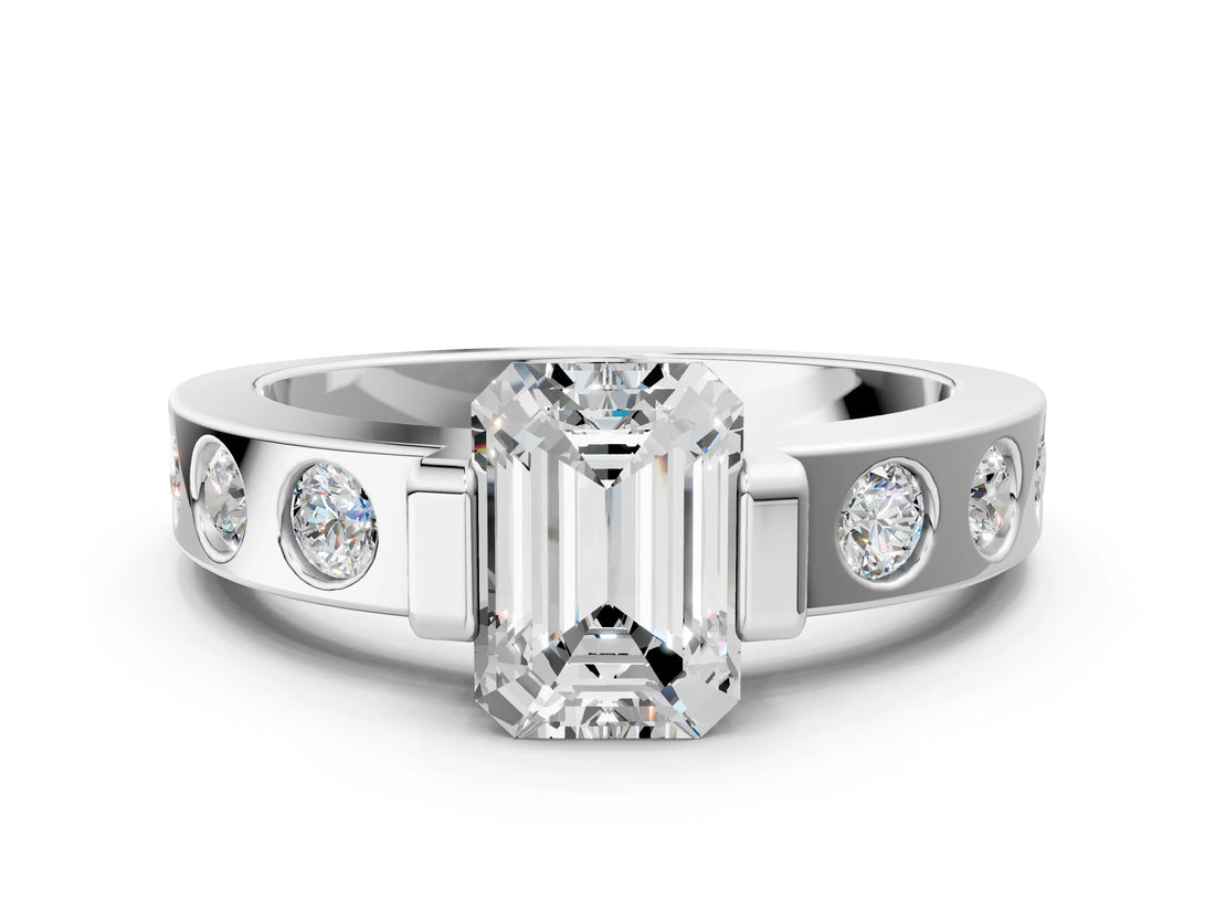 White gold Emerald Brilliant Channel-Set Diamond Ring with Bezel Prong Setting_6