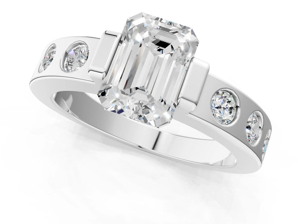 Platinum Emerald Cut Tension Style Engagement Ring Setting with Wide Flush Set Accent Band