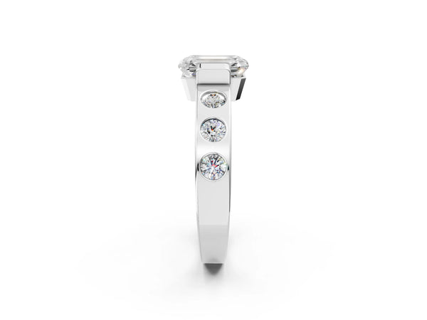 Platinum Emerald Cut Tension Style Engagement Ring Setting with Wide Flush Set Accent Band