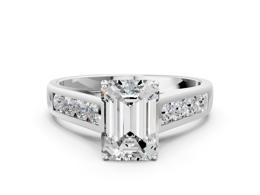 White gold Emerald Brilliant Channel-Set Solitaire Ring with Four-Prong Setting