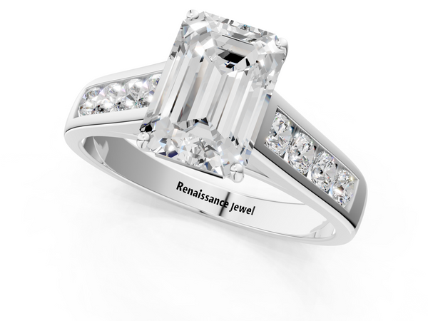 White gold Emerald Brilliant Channel-Set Solitaire Ring with Four-Prong Setting