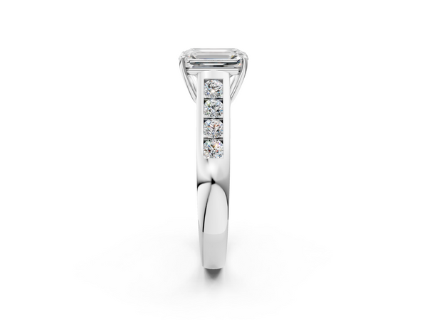 White gold Emerald Brilliant Channel-Set Solitaire Ring with Four-Prong Setting