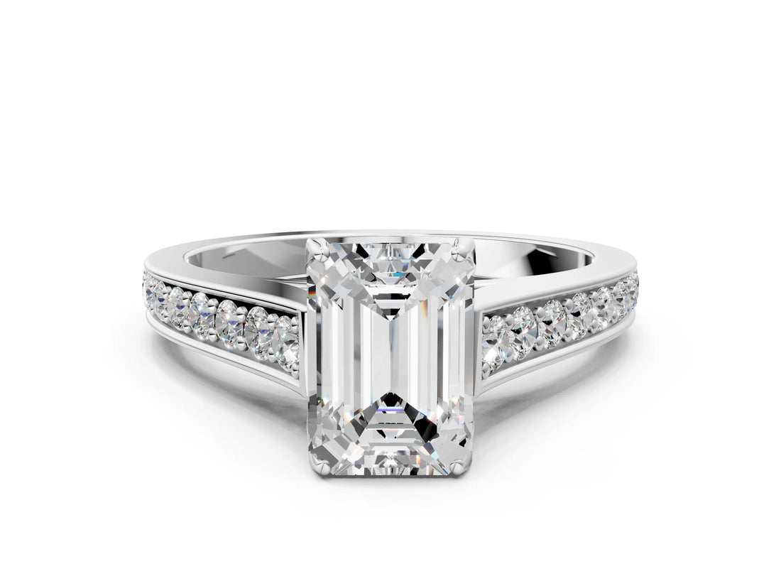 White gold Emerald Brilliant Cut Diamond Engagement Ring with Pavé Band and Four-Prong Setting_82