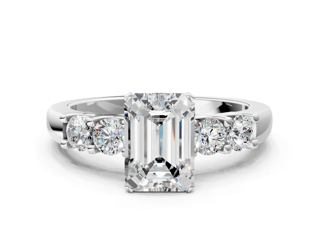White gold Emerald Brilliant Cut Diamond Five-Stone Prong Set Engagement Ring with Channel Band_21