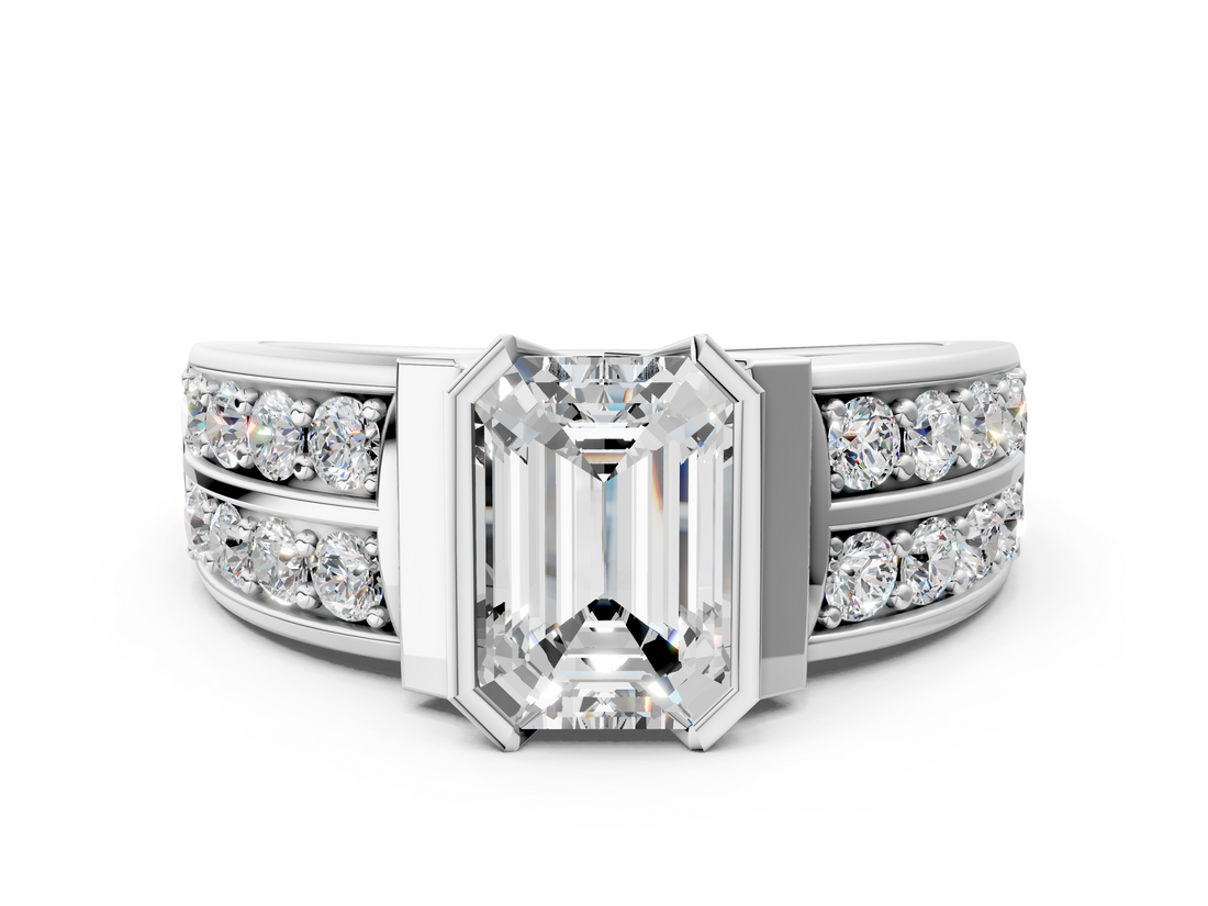 White gold Emerald Brilliant Diamond Channel Set Wide Band Ring with Bezel Setting_20