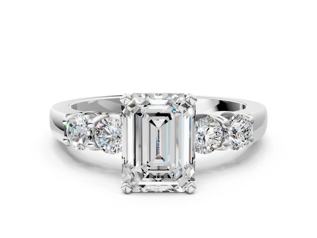 White gold Emerald Brilliant Diamond Five-Stone Engagement Ring with Prong Setting on a Classic Band_39
