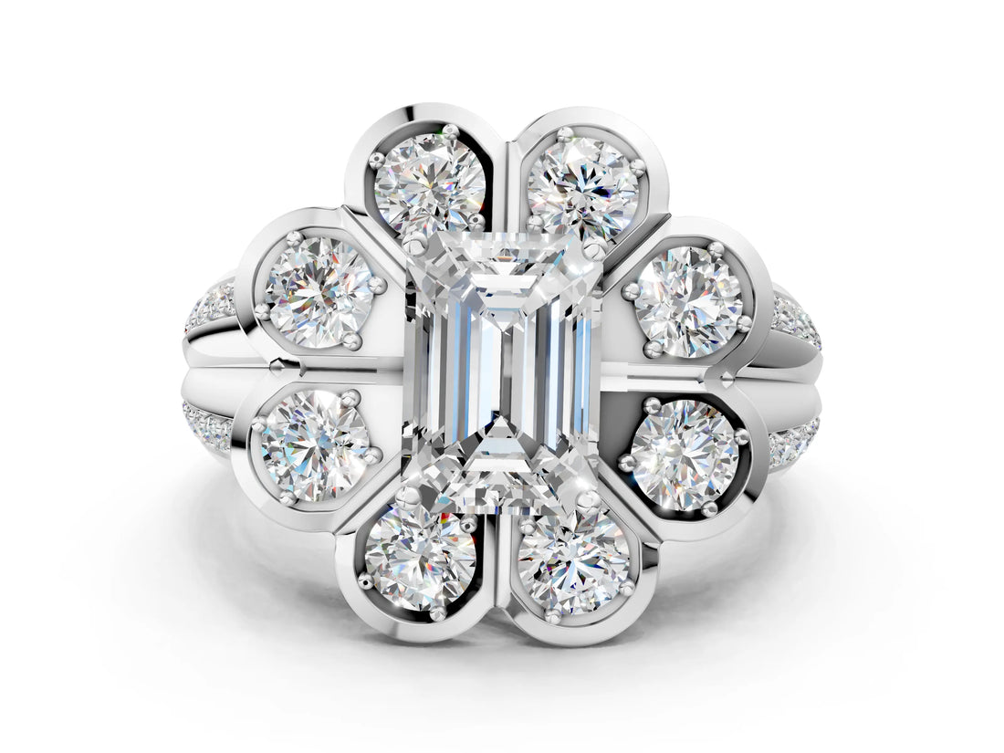 White gold Emerald Brilliant Flower Halo Diamond Split Shank Ring_25