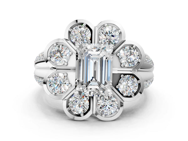 White gold Emerald Brilliant Flower Halo Diamond Split Shank Ring