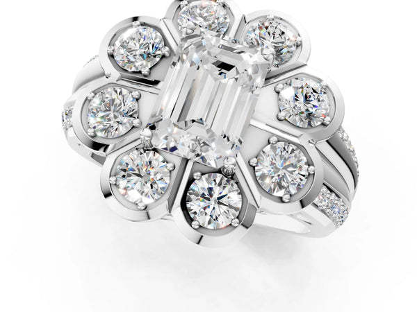 White gold Emerald Brilliant Flower Halo Diamond Split Shank Ring