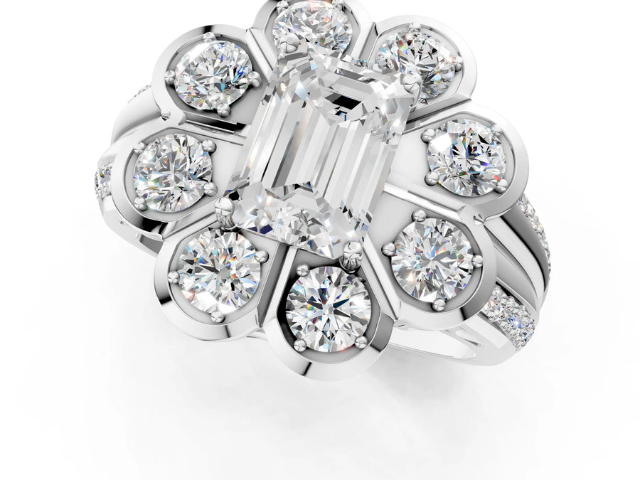 White gold Emerald Brilliant Flower Halo Diamond Split Shank Ring