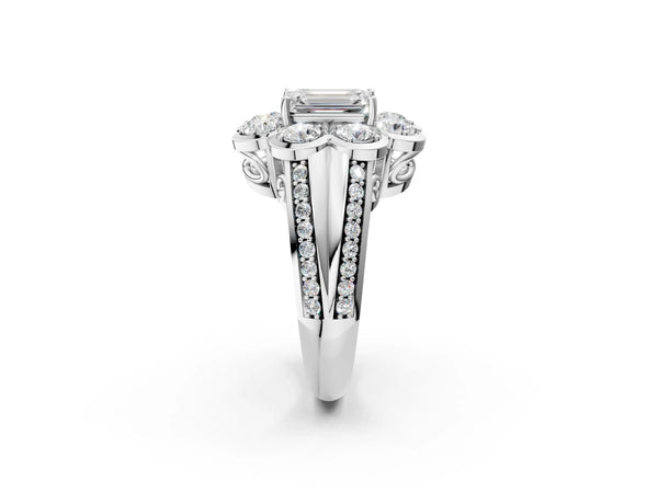 White gold Emerald Brilliant Flower Halo Diamond Split Shank Ring