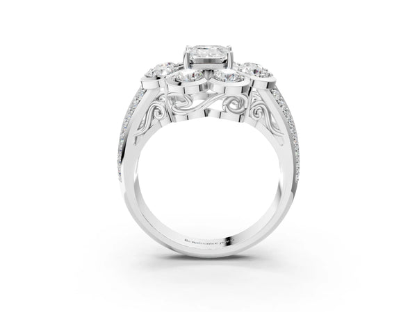 White gold Emerald Brilliant Flower Halo Diamond Split Shank Ring