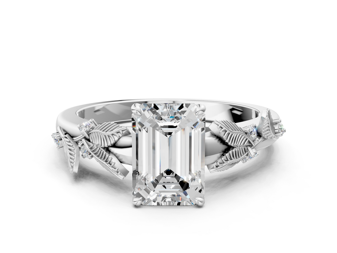 White gold Emerald Brilliant Solitaire with Leaf Motif Band and Four-Prong Setting_66