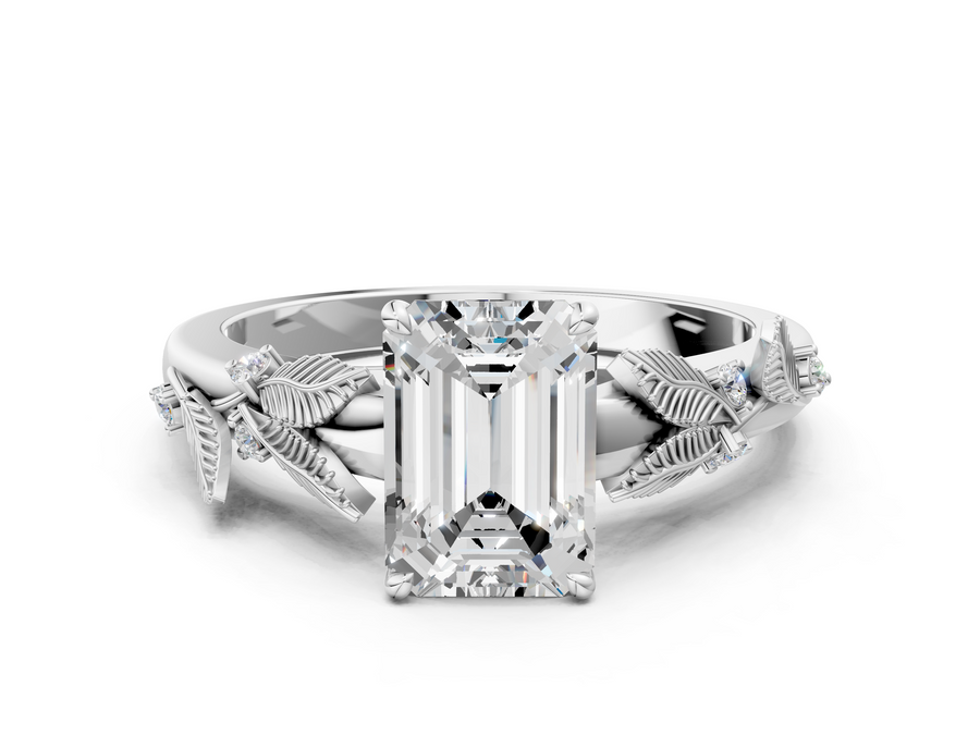 White gold Emerald Cut Diamond Solitaire Ring with Leaf Motif Band and Four-Prong Setting
